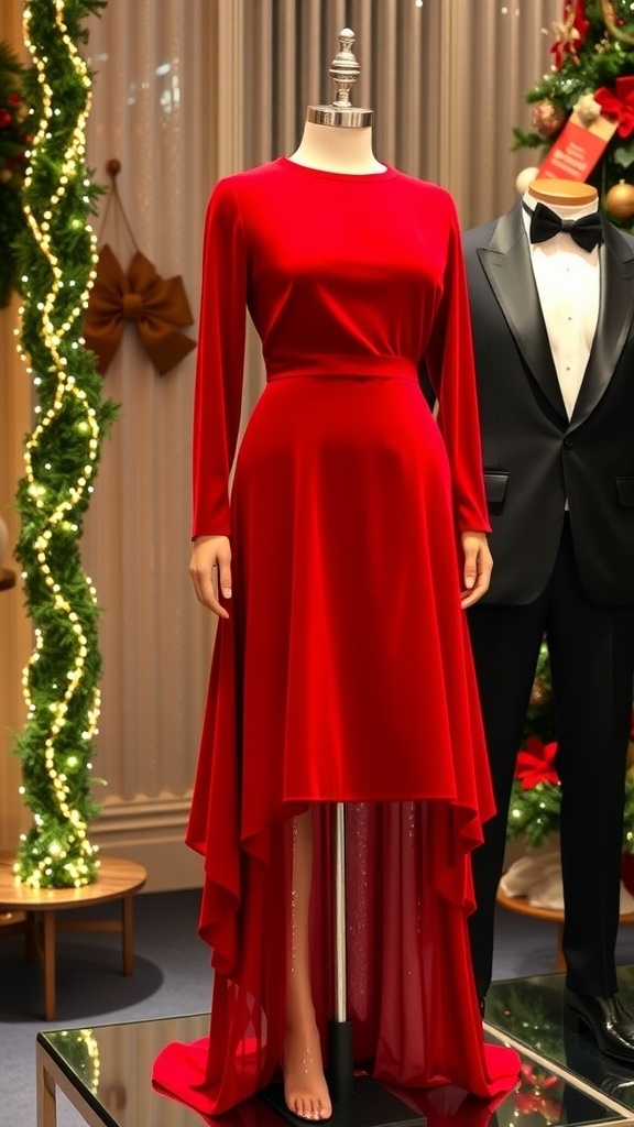 A collection of Christmas party outfits including a red dress, sequined skirt, and tuxedo against a festive backdrop.